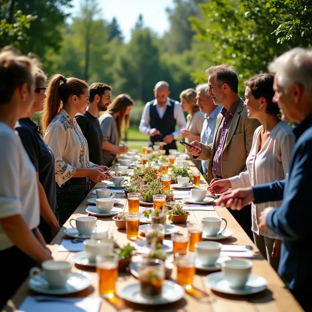 Gyógynövény tea csésze, mellette friss gyógynövényekkel.
